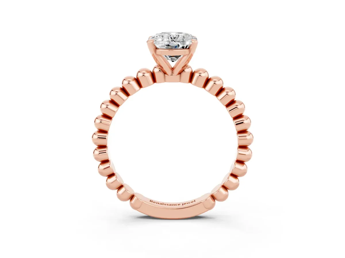 Oval Cut Moissanite Solitaire Ring with Beaded Band and Prong Setting Rose gold