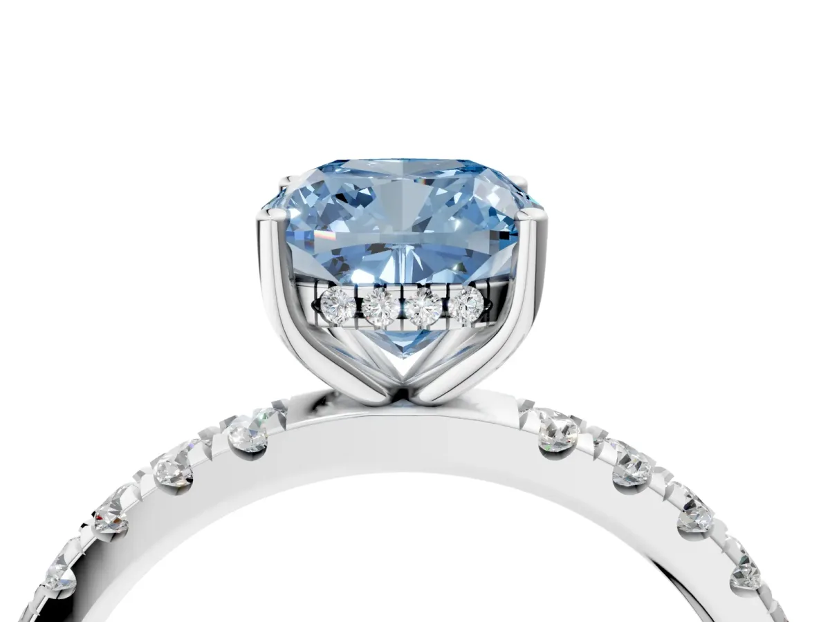 Fancy Blue Cushion Cut Diamond Pave Band Solitaire Ring with Round and Prong Setting Silver