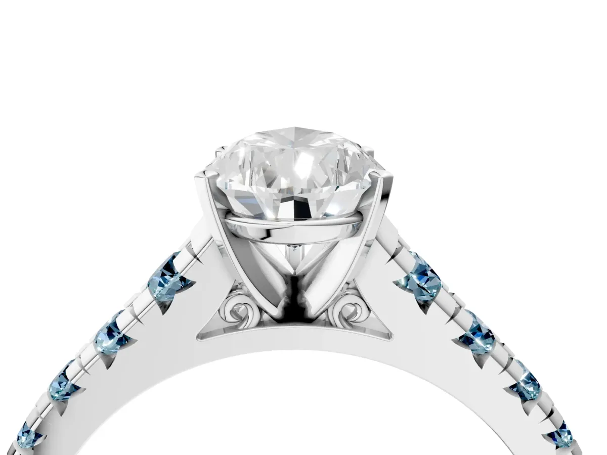 Pear Cut Diamond Cathedral Solitaire Ring with Round Aquamarine Pavé Band Silver