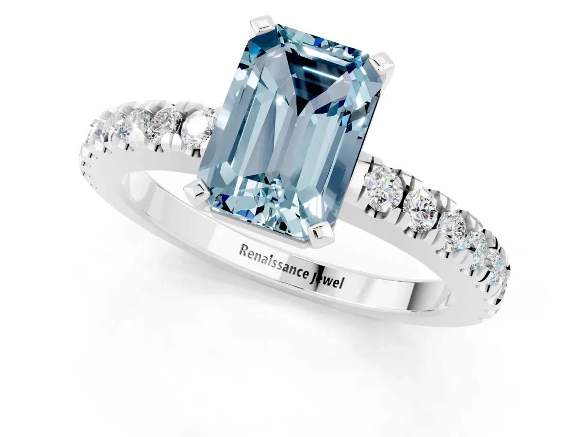 Emerald Cut Solitaire Aquamarine with Pavé Band and Four-Prong Setting Silver