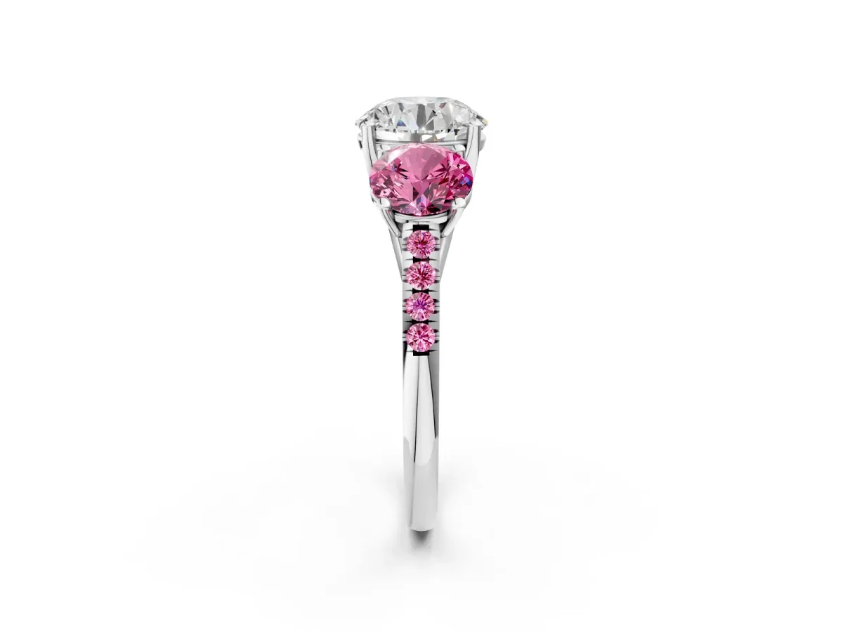 Three-Stone Round Cut Diamond Ring with Round Pink Sapphire Pavé Band and Prong Setting Silver