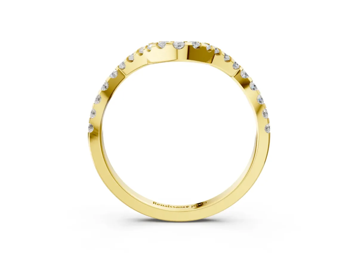 Round Diamond Pavé Chevron Wedding Band with Prong Setting Yellow gold