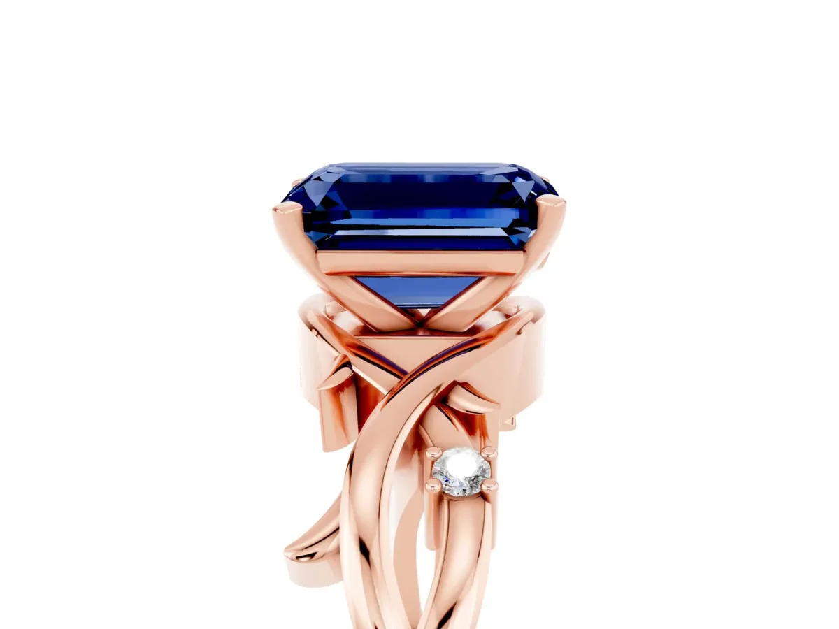 Emerald Cut Blue Sapphire Solitaire Ring with Twisted Band and Prong Setting Rose gold