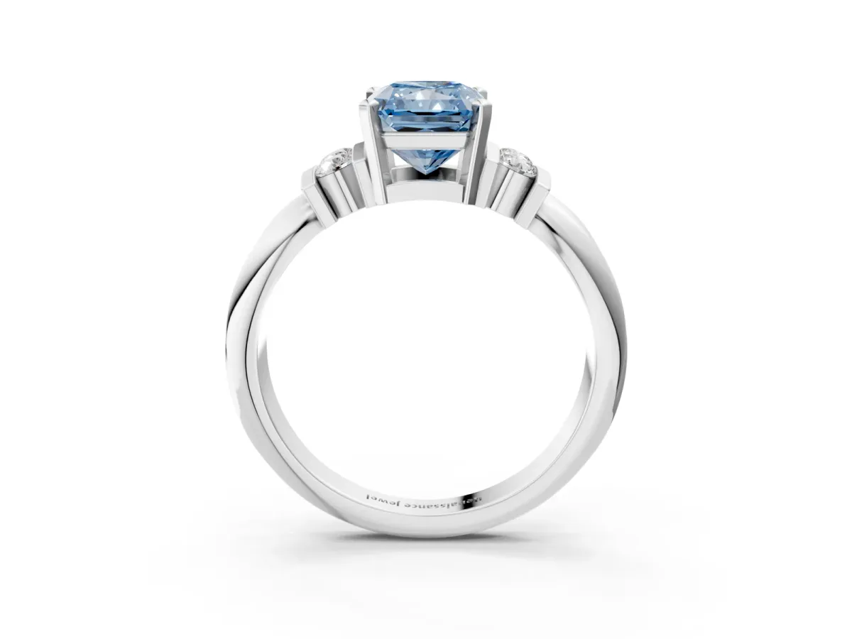 Fancy Blue Radiant Cut Cut Three-Stone Channel Set Ring with Bar Prongs Platinum
