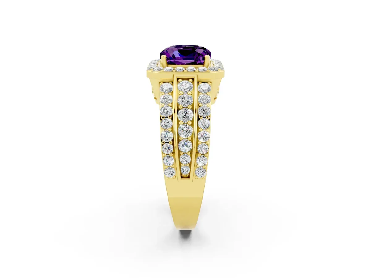 Cushion Cut Halo Amethyst Ring with Round Split Shank and Prong Setting Yellow gold