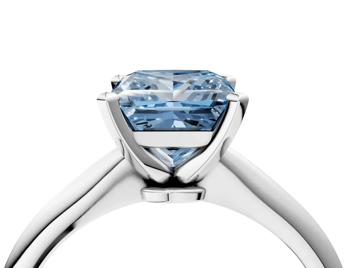 Fancy Blue Princess Cut Diamond Solitaire Engagement Ring with Classic Band and Four-Prong Setting Silver