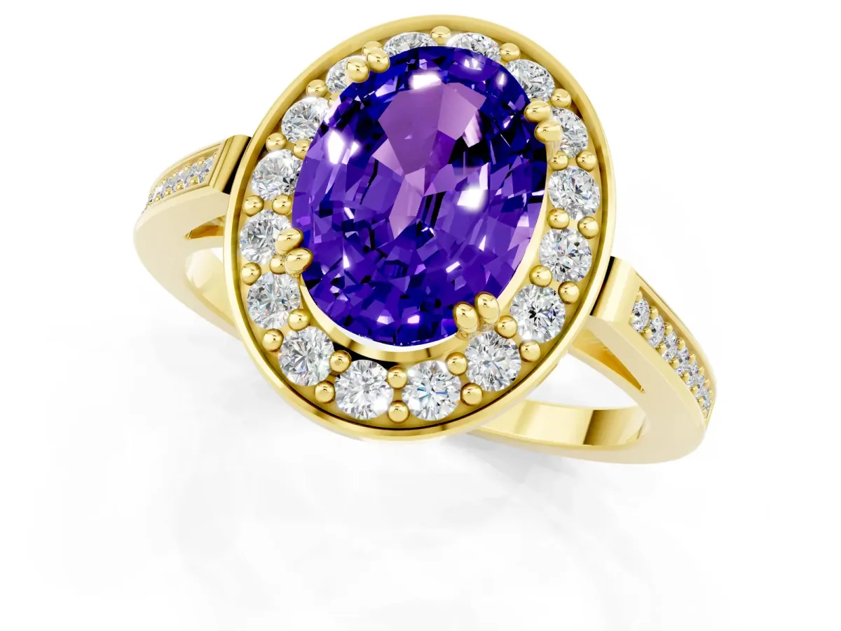 Oval Cut Tanzanite Halo Ring with Split Shank and Four-Prong Setting Yellow gold