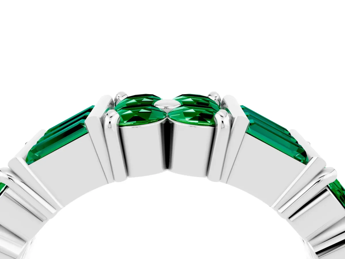 Channel Set Round and Baguette Emerald Anniversary Band with Prong Setting Silver