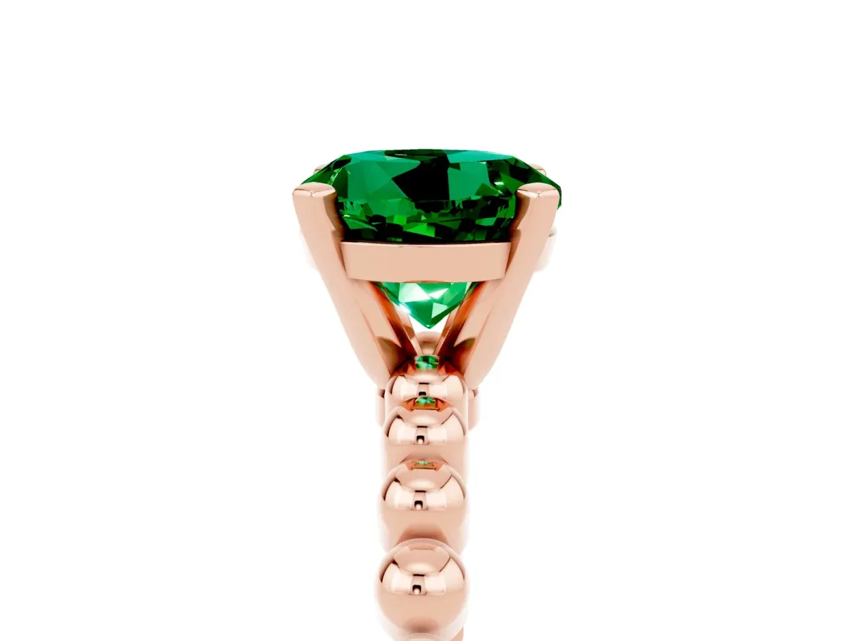 Round Cut Emerald Solitaire Ring with Beaded Band and Prong Setting Rose gold