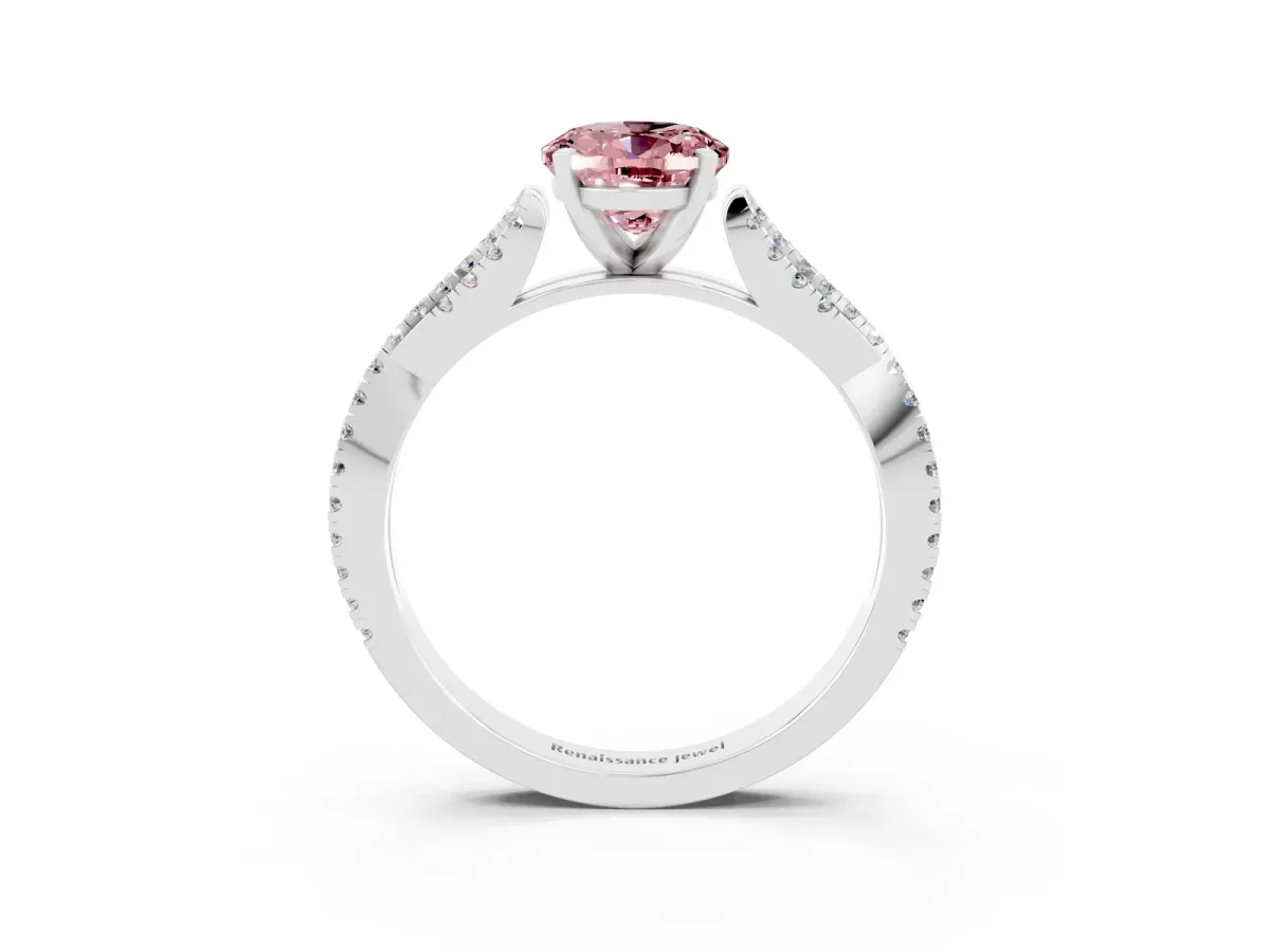 Oval Cut Morganite Solitaire Engagement Ring with Twisted Pavé Band and Four-Prong Setting Silver