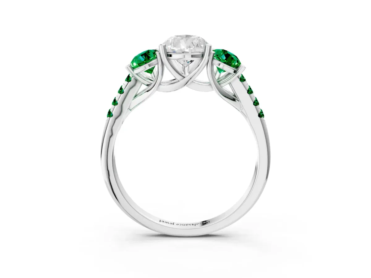 Three-Stone Pear Cut Diamond Ring with Round Emerald Pavé Band and Prong Setting Silver