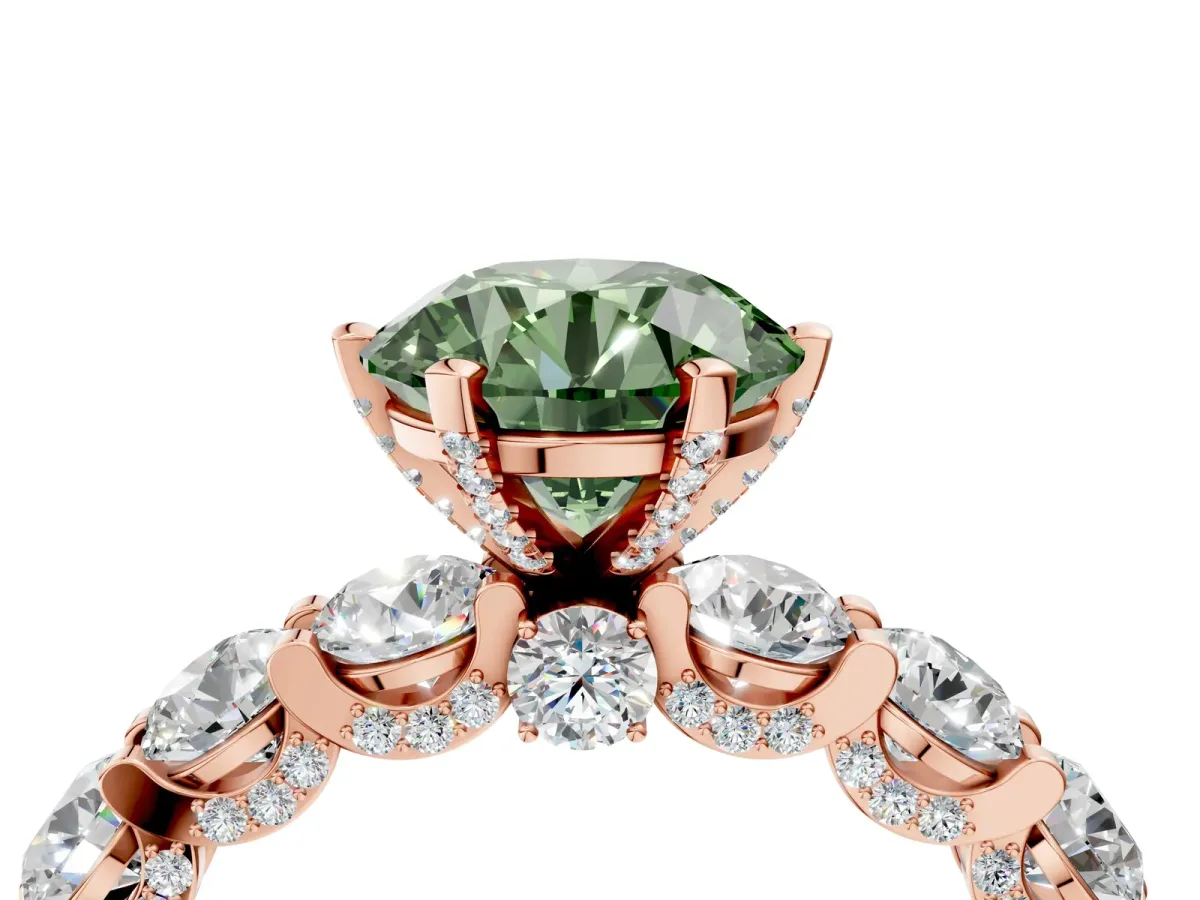 Fancy Green Round Cut Diamond Side Stone Engagement Ring with Four-Prong Setting Rose gold