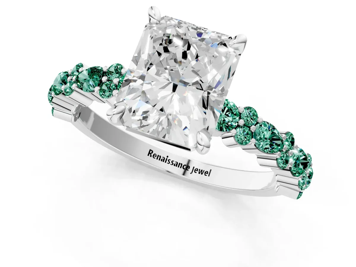 Radiant Cut Diamond Side Stone Solitaire Ring with Round Green Sapphire and Four-Prong Setting Silver