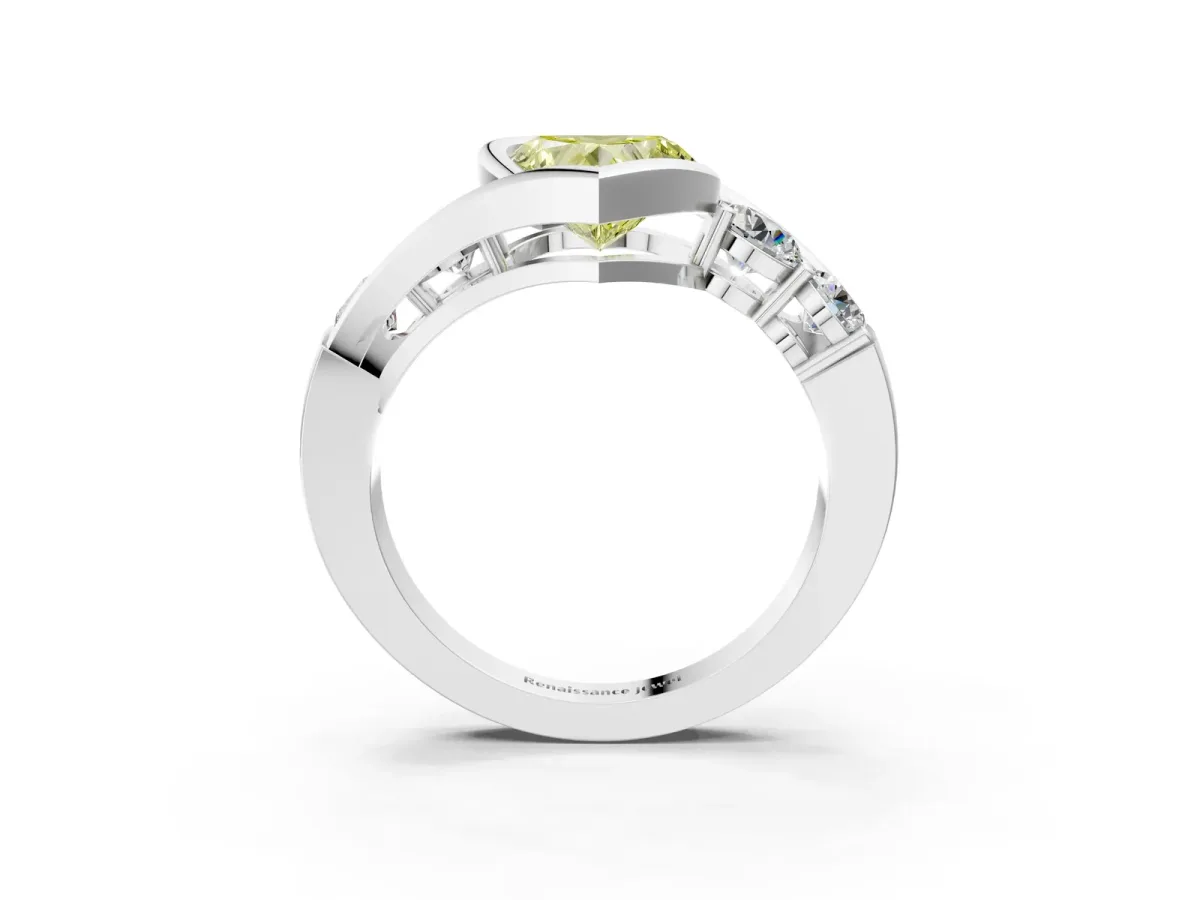 Fancy Yellow Bezel Set Heart Cut Diamond Bypass Ring with Round Accents Silver