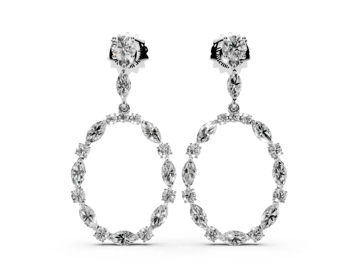 Round and Marquise Diamond Open Oval Drop Earrings White gold