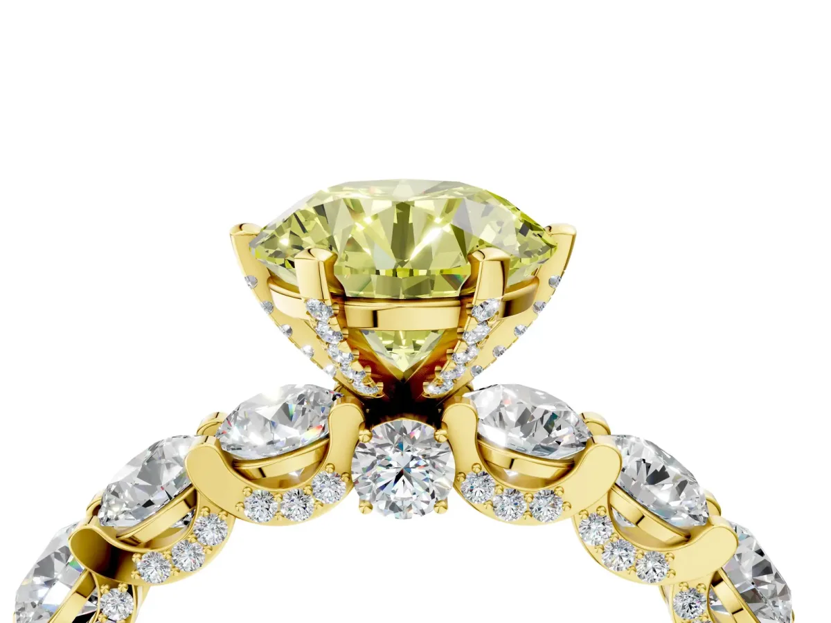 Fancy Yellow Round Cut Diamond Side Stone Engagement Ring with Four-Prong Setting Yellow gold