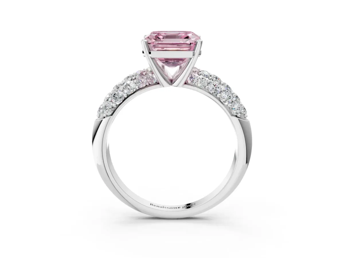 Fancy Pink Asscher Cut Diamond Pavé Band Solitaire Ring with Four-Prong Setting Platinum