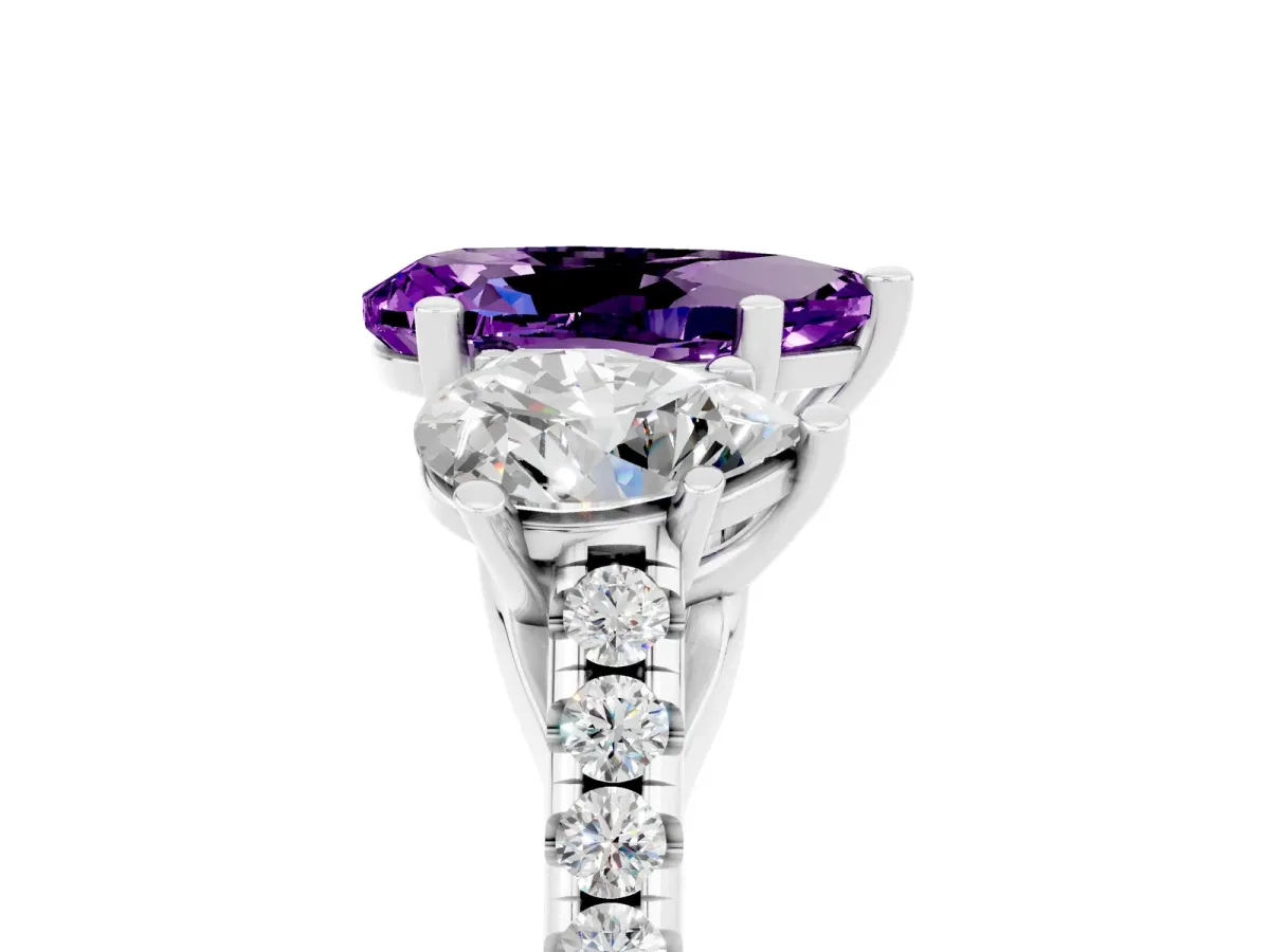 Three-Stone Pear Cut Amethyst Ring with Round Pavé Band and Prong Setting Platinum