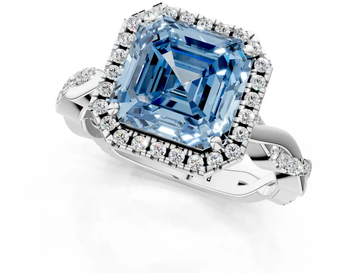 Fancy Blue Asscher Cut Cut Halo Twisted Band Four-Prong Ring Platinum