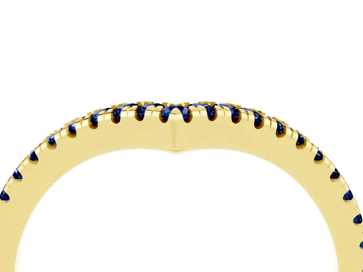 Pavé Round Blue Sapphire V-Shaped Chevron Band with Shared Prong Setting Yellow gold