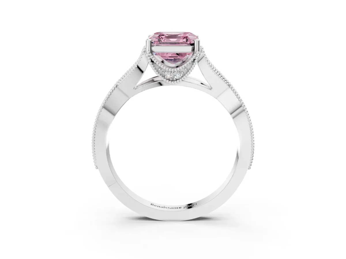 Fancy Pink Asscher Cut Cut Diamond Twisted Band with Milgrain Pave Setting and Four-Prong Setting Platinum