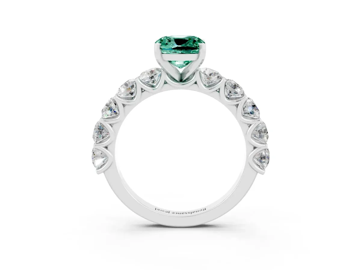 Cushion Cut Green Sapphire Prong Setting with Side Stones on a Pave Band Silver