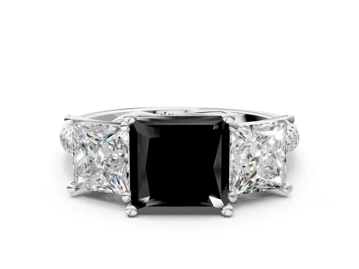 Fancy Black Three-Stone Princess Cut Diamond Ring with Round Pavé Band and Prong Setting Silver