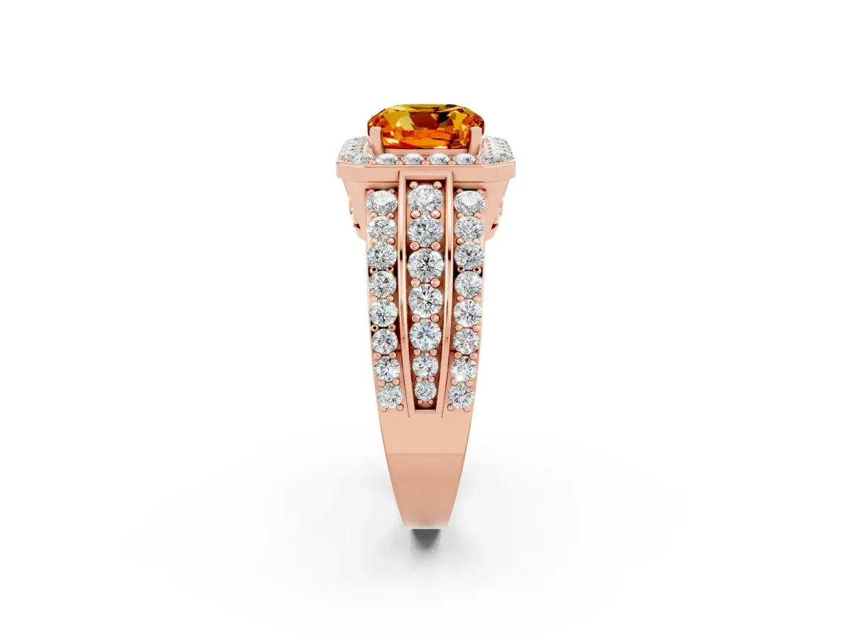 Cushion Cut Halo Citrine Ring with Round Split Shank and Prong Setting Rose gold