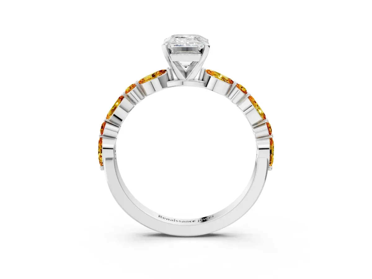 Emerald Cut Diamond Ring with Marquise and Round Citrine Side Stones and Four-Prong Setting Silver
