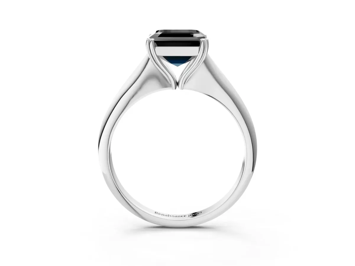 Fancy Black Asscher Cut Solitaire Diamond Ring with Six-Prong Setting and Classic Band Platinum