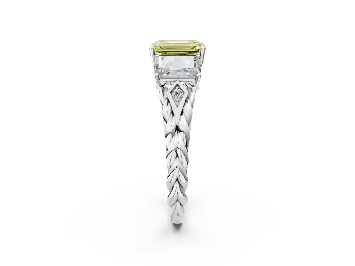 Fancy Yellow Three-Stone Emerald Cut Diamond Braided Band Ring with Four-Prong Setting Silver