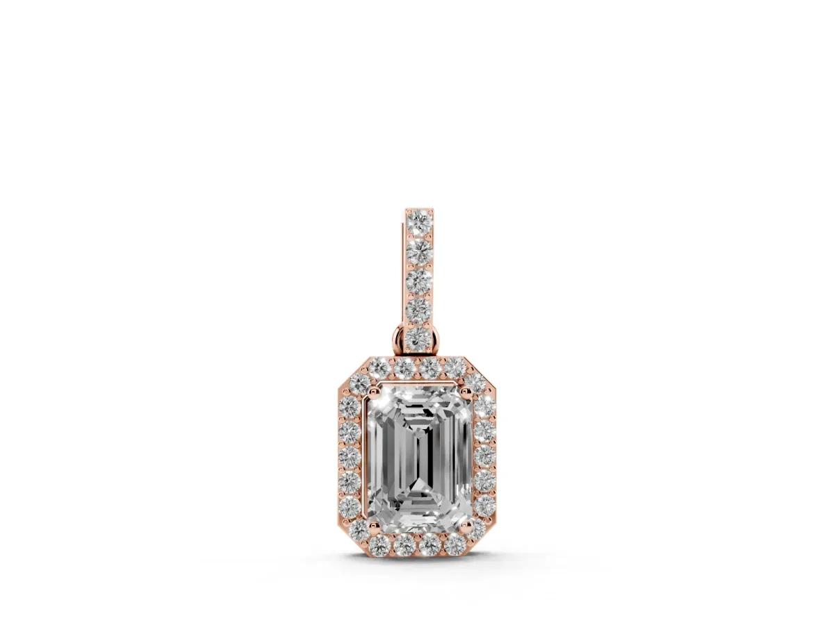 Emerald Cut Halo Diamond Pendant with Prong Setting Rose gold