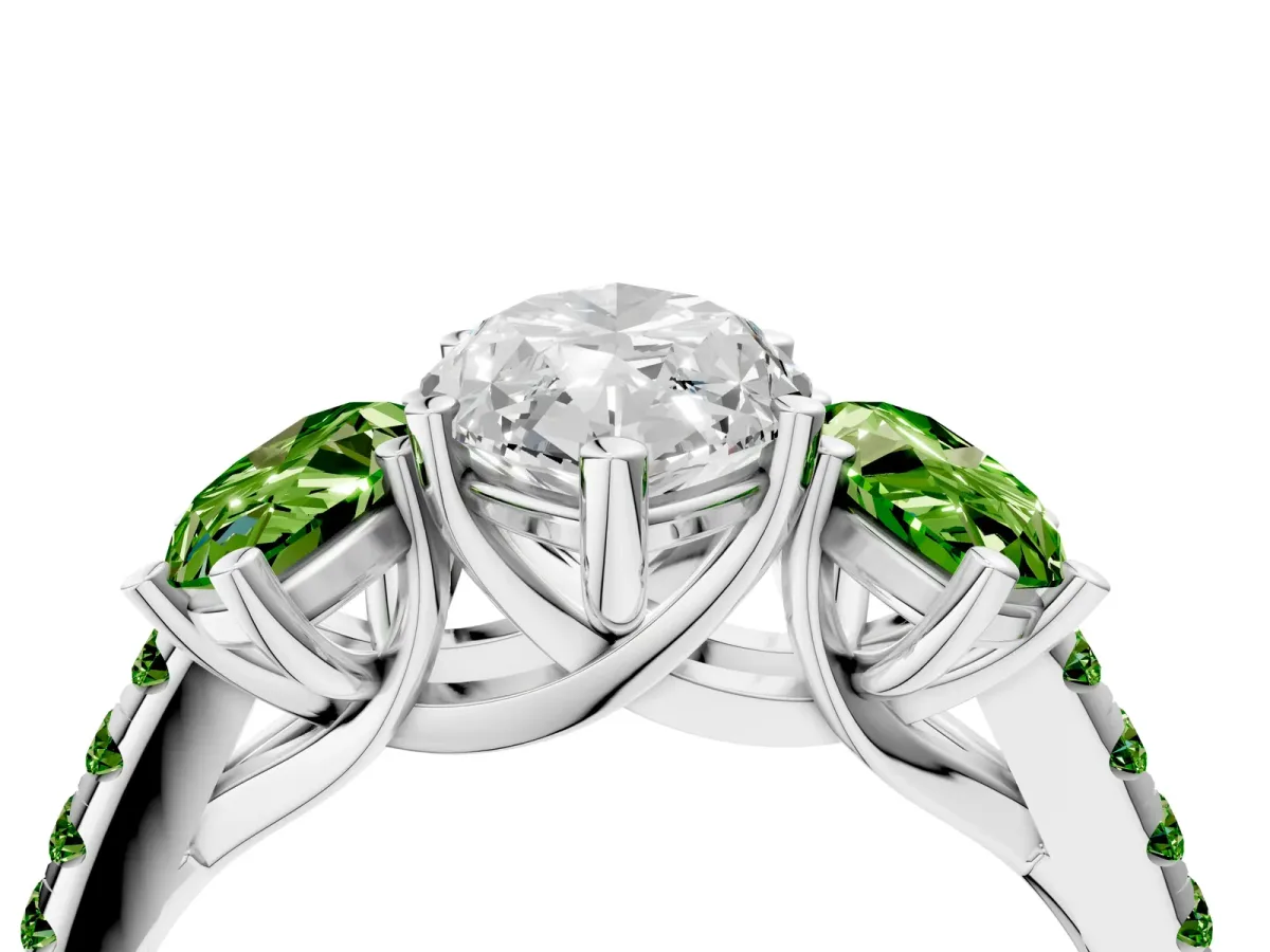 Three-Stone Marquise Cut Diamond Ring with Round Peridot Pavé Band and Prong Setting Platinum