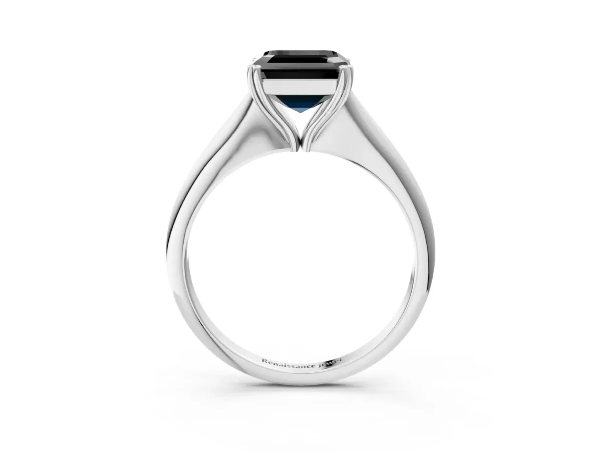 Fancy Black Asscher Cut Solitaire Diamond Ring with Six-Prong Setting and Classic Band Platinum