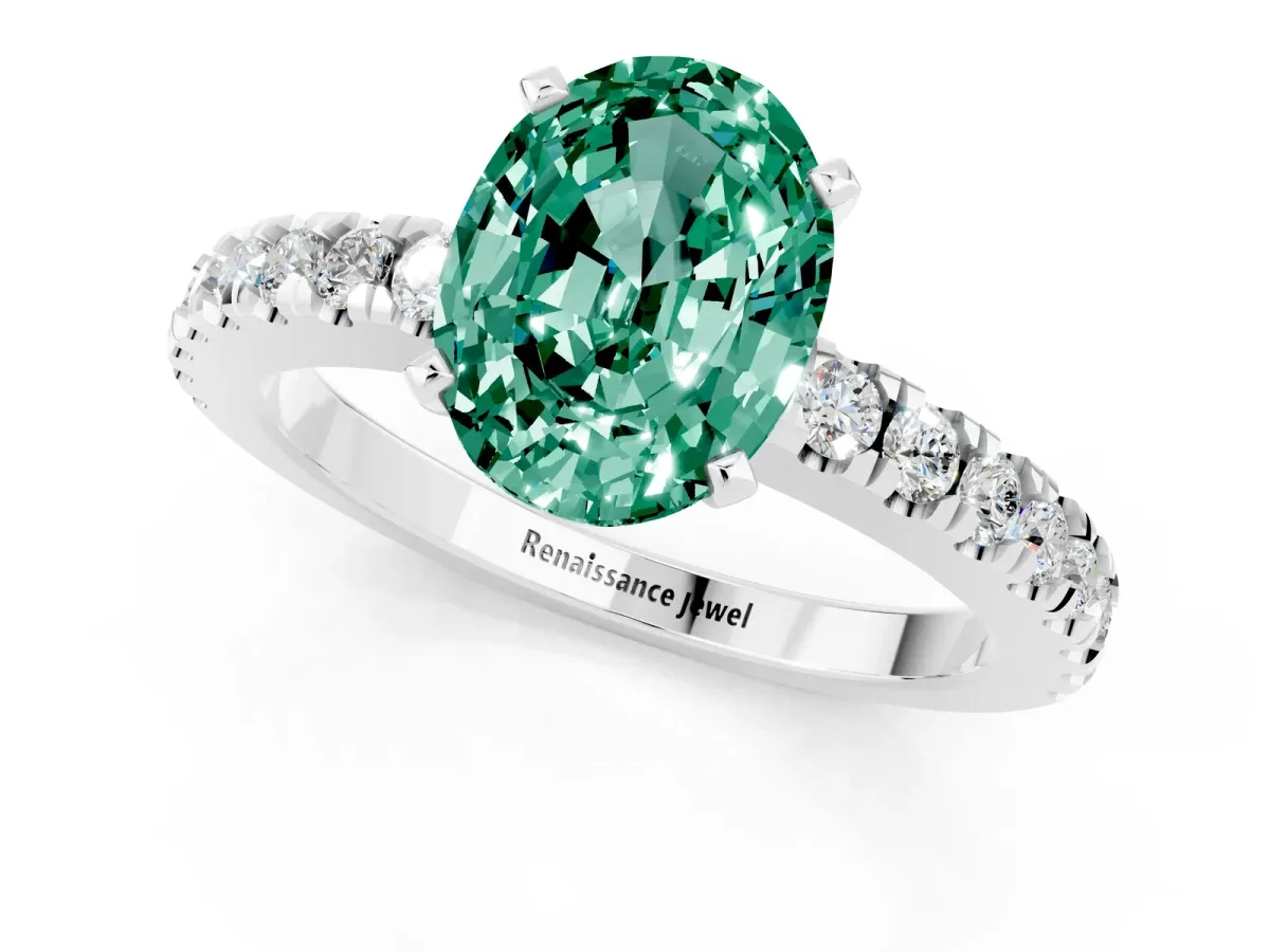 Oval Cut Solitaire Green Sapphire with Pavé Band and Four-Prong Setting Silver