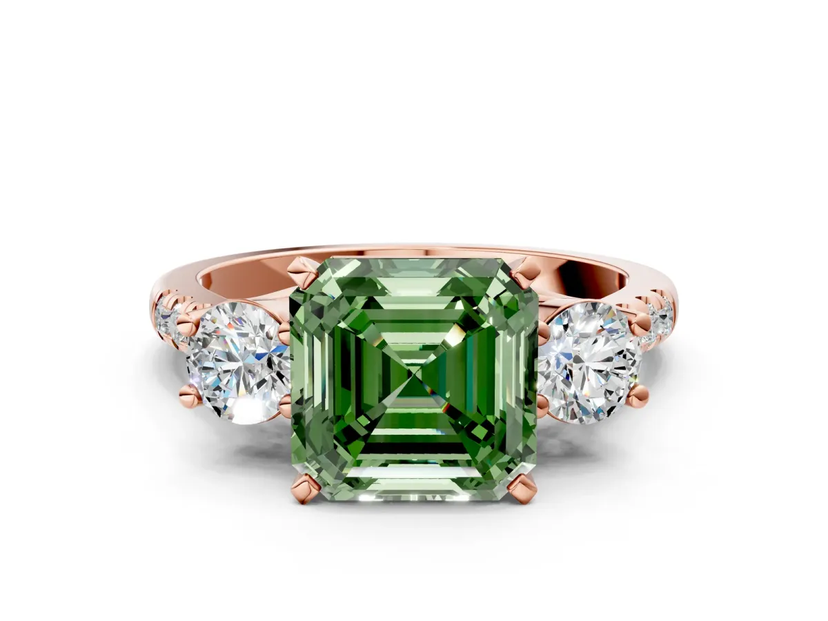 Fancy Green Three-Stone Asscher Cut Diamond Pavé Band with Four-Prong Setting Rose gold