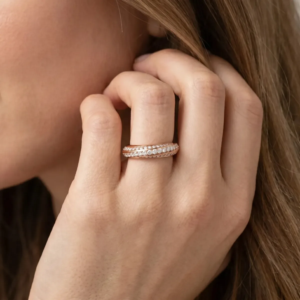 Double Row Pavé Round Diamond Channel Set Band Rose gold
