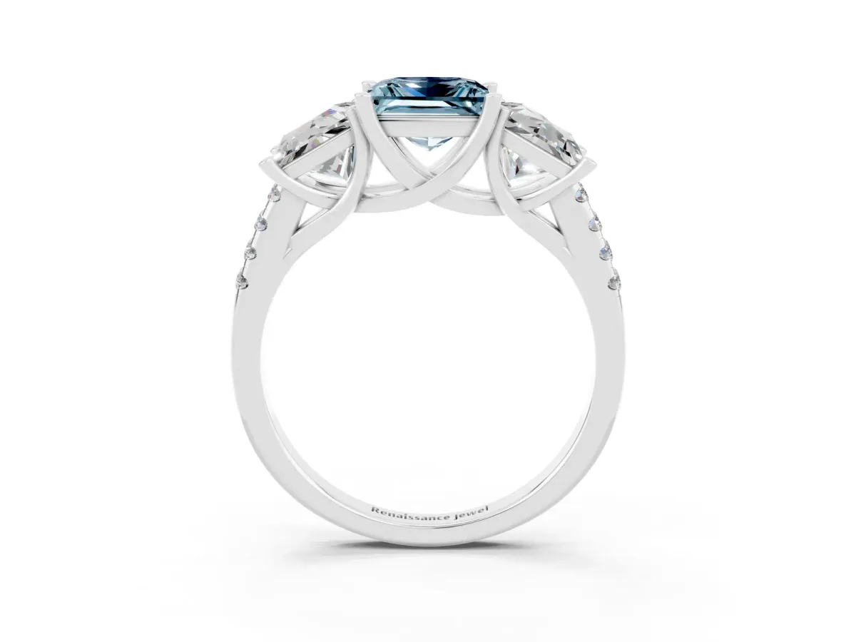 Three-Stone Princess Cut Aquamarine Ring with Round Pavé Band and Prong Setting Silver