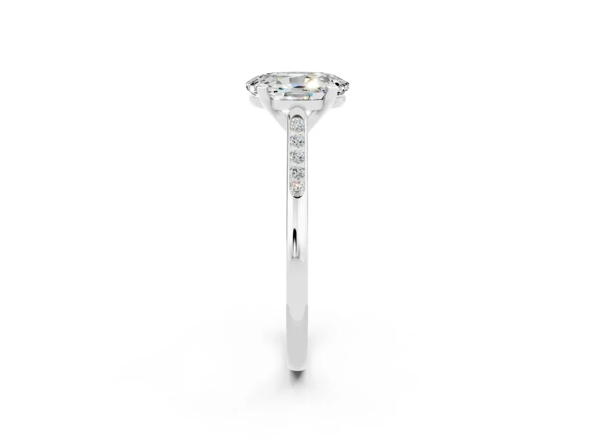 Oval Cut Moissanite Solitaire Ring with Channel Set Round Band and Prong Setting Silver