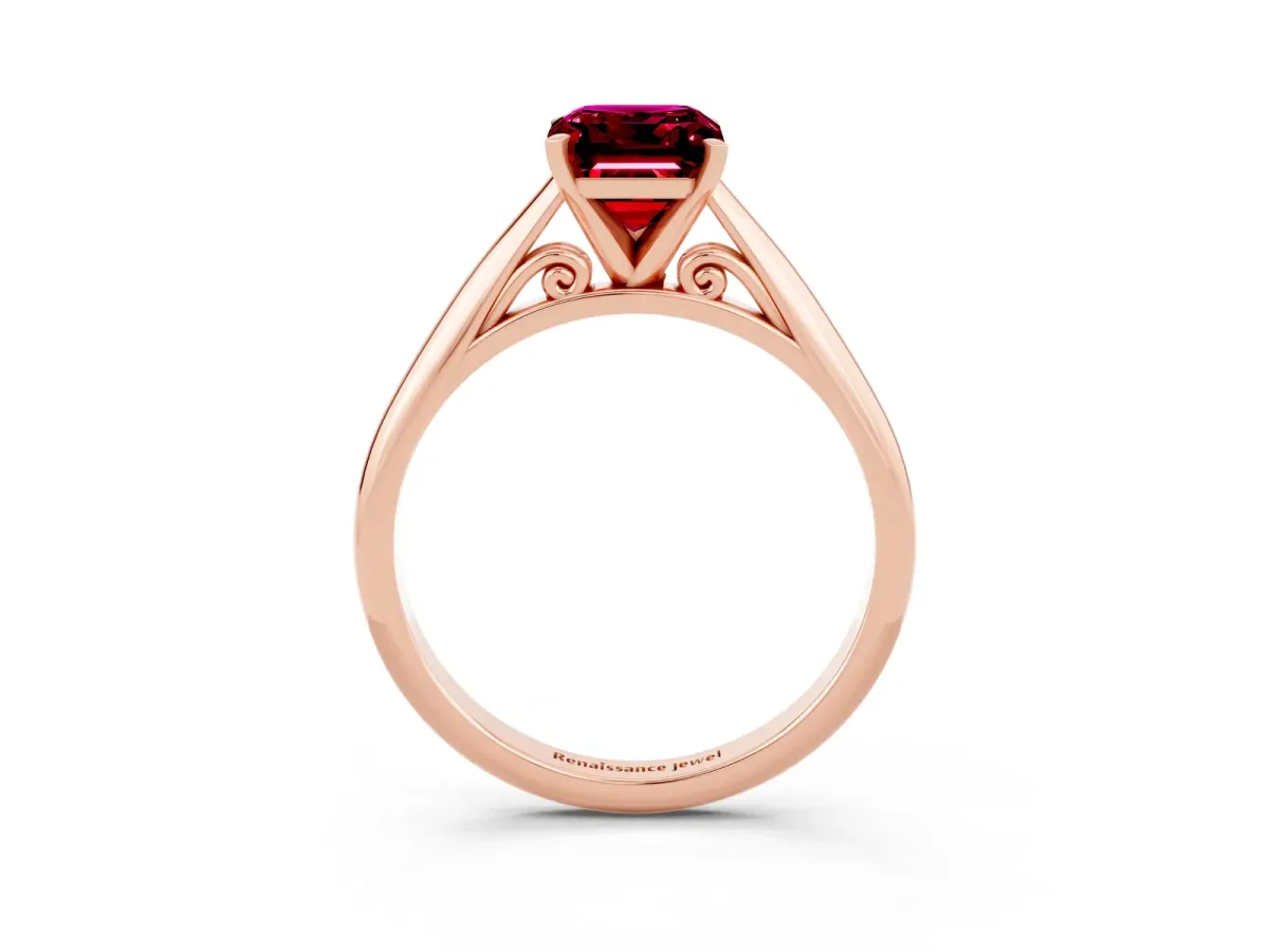 Emerald Cut Garnet Solitaire Engagement Ring with Cathedral Setting and Four-Prong Mount Rose gold