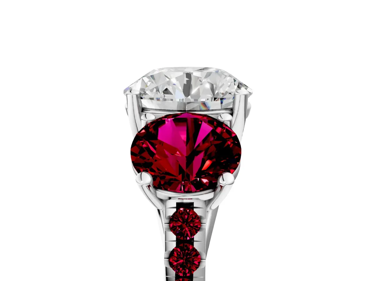 Three-Stone Round Cut Diamond Ring with Round Garnet Pavé Band and Prong Setting Silver
