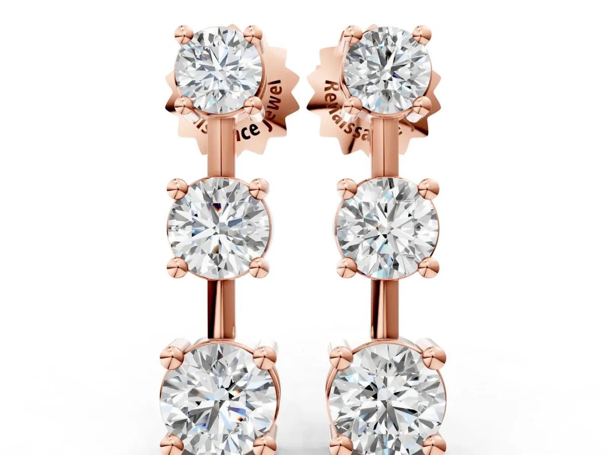 Three-Stone Round Cut Drop Earrings with Prong Setting Rose gold