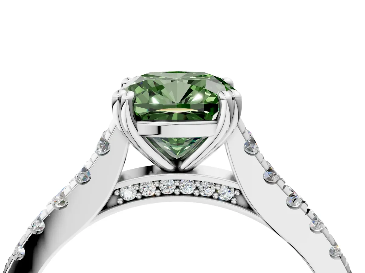 Fancy Green Cushion Cut Solitaire Pave Diamond Engagement Ring with Prong Setting White gold