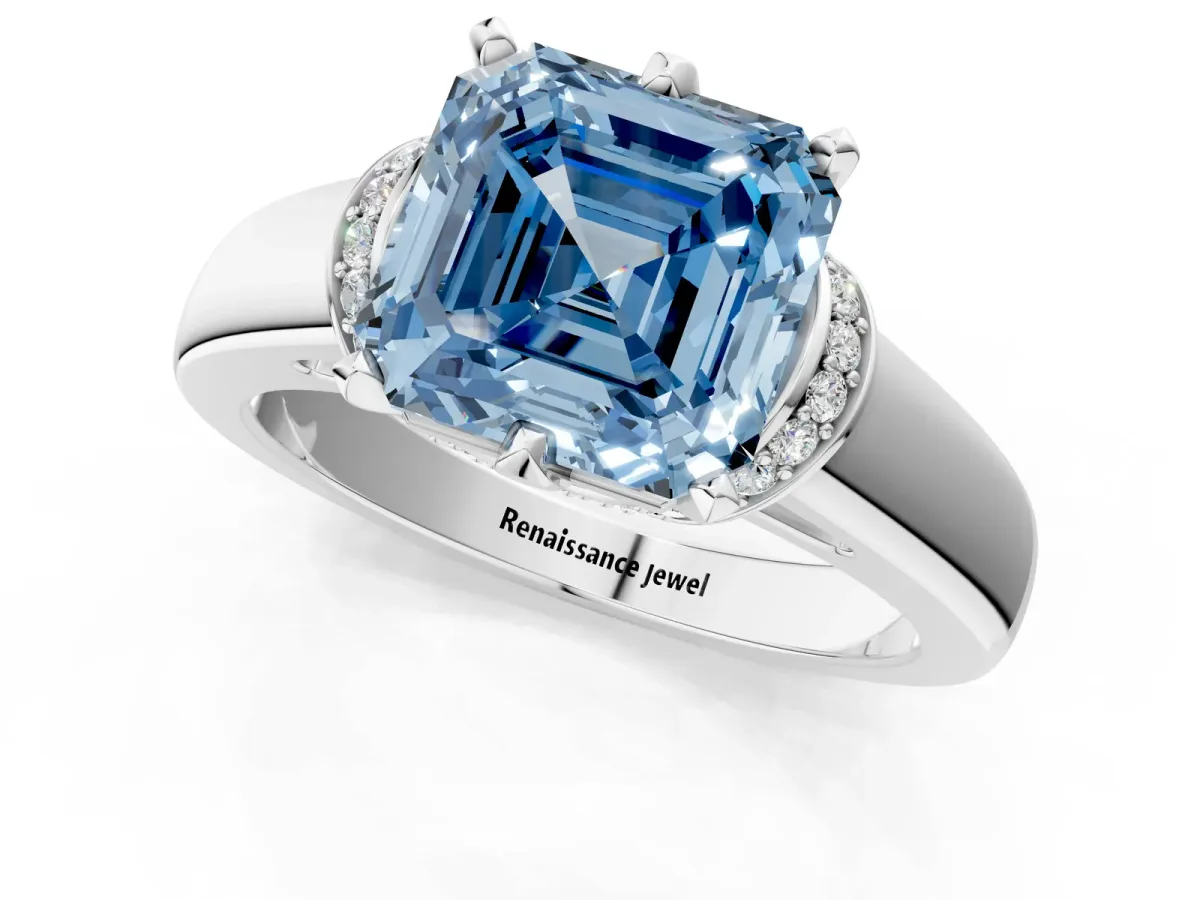 Fancy Blue Asscher Cut Solitaire Diamond Ring with Pave Band and Six-Prong Setting White gold
