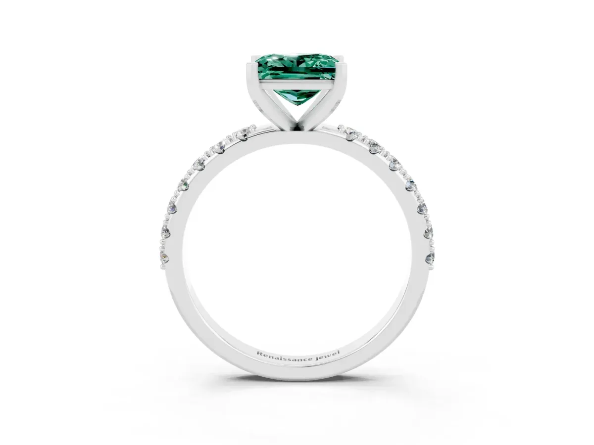 Princess Cut Green Sapphire Solitaire Pavé Band with Four-Prong Setting Silver
