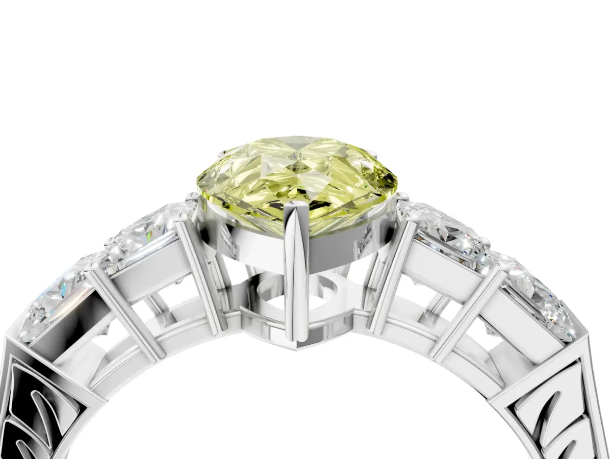 Fancy Yellow Pear Cut Solitaire Princess Side Stone Engraved Band Prong Setting Ring Platinum