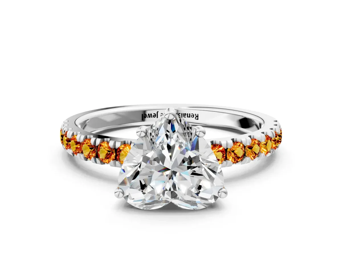 Heart Cut Diamond Pave Band Solitaire Ring with Round Citrine and Prong Setting Silver