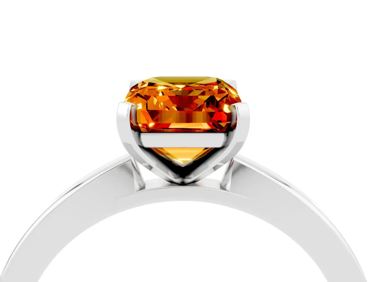 Emerald Cut Citrine Solitaire Engagement Ring with Classic Band and Four-Prong Setting Silver