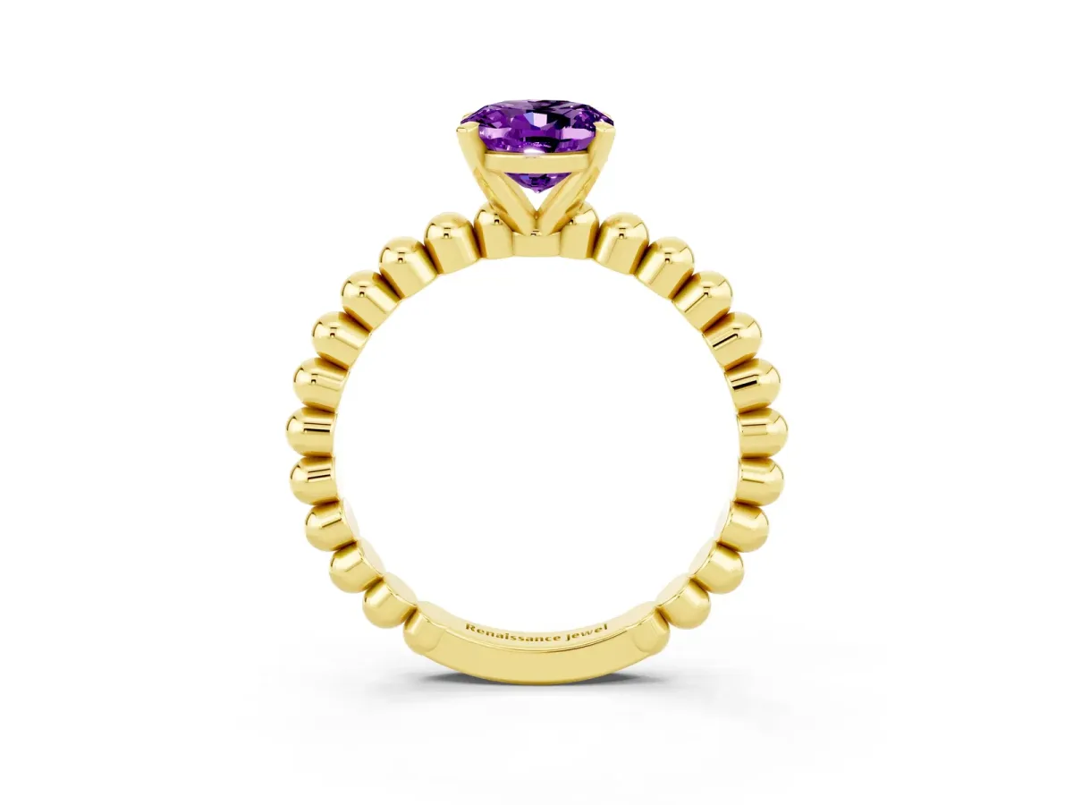 Oval Cut Amethyst Solitaire Ring with Beaded Band and Prong Setting Yellow gold