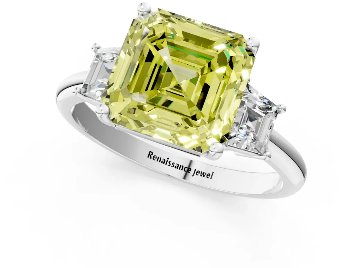 Fancy Yellow Asscher Cut Diamond Three-Stone Ring with Trapezoid Side Stones and Prong Setting Platinum